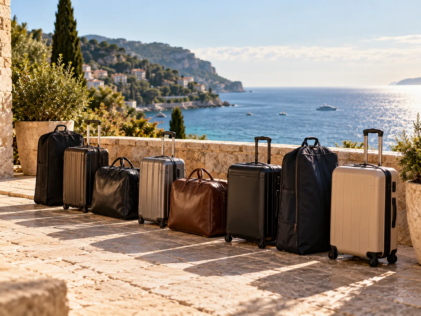 Valises alignées sur une terrasse face à la Méditerranée
