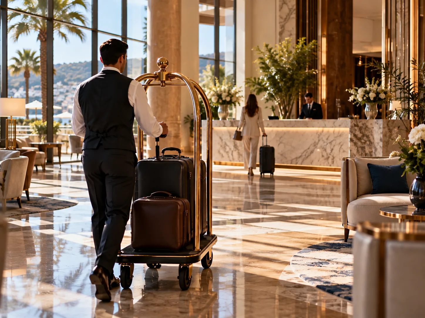 Bagages pris en charge dans le hall d'un hôtel de la Côte d'Azur