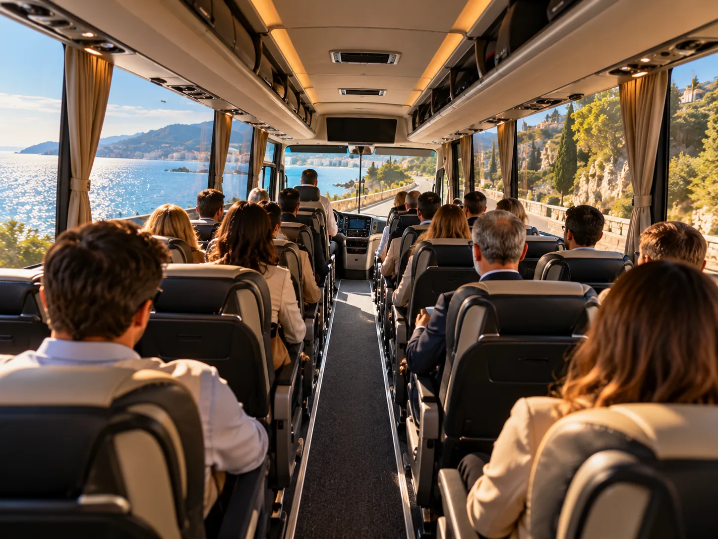 Intérieur d'un autocar de tourisme, passagers de dos