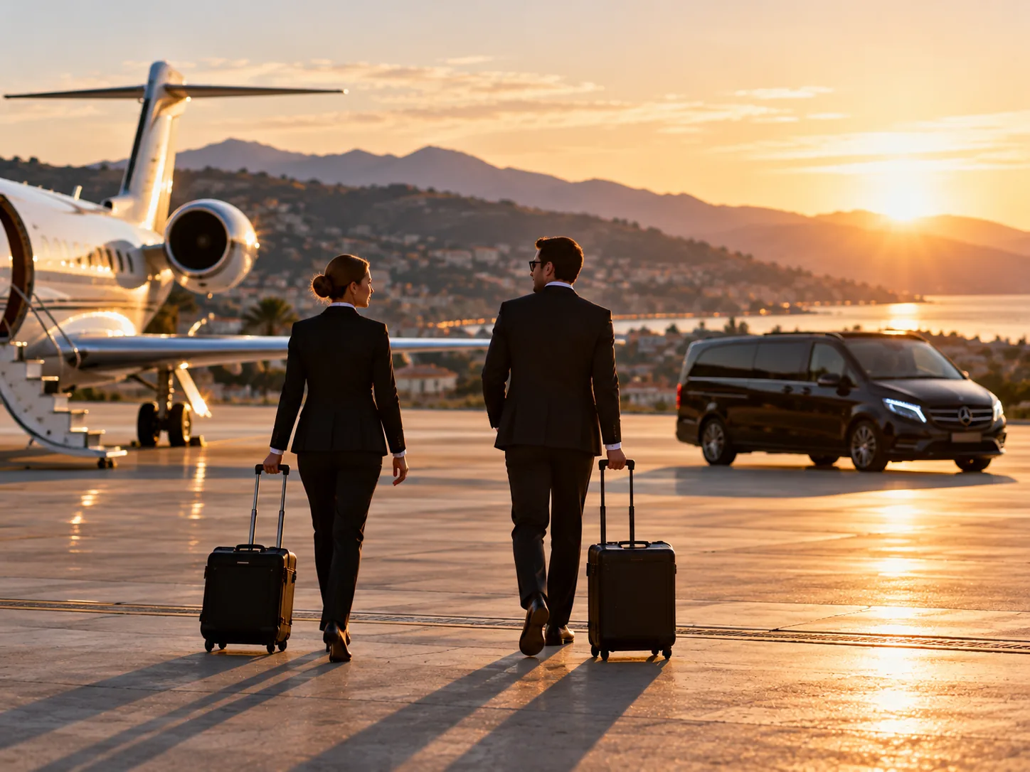 Équipage d'aviation d'affaires quittant le tarmac