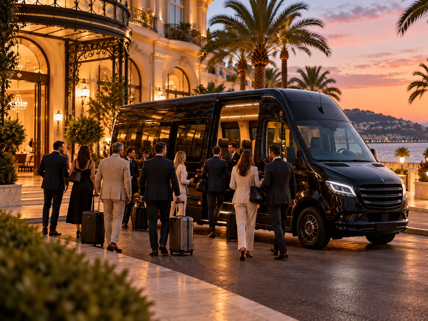 Invités d'un séminaire devant un hôtel en bord de mer