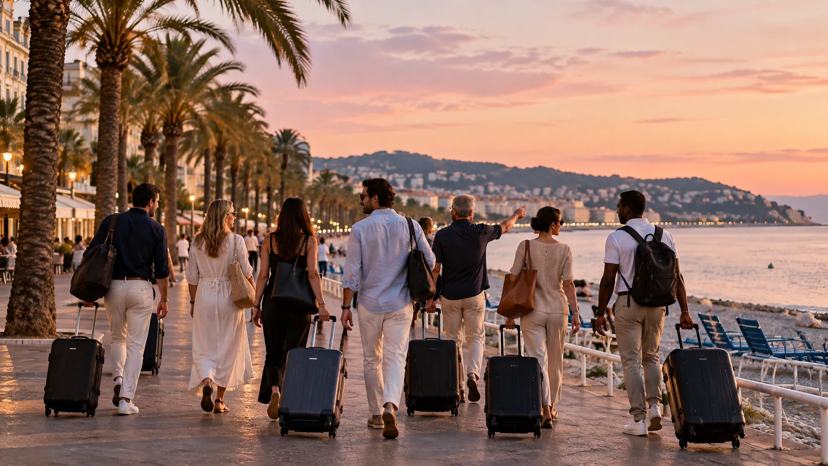 Groupe de voyageurs avec bagages sur la promenade en bord de mer