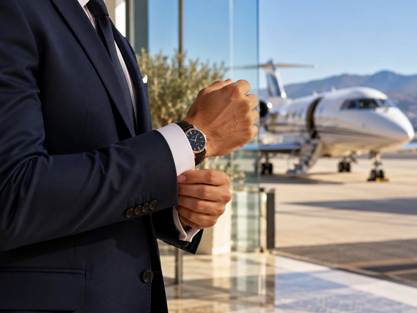 Montre élégante au poignet d'un voyageur sur le tarmac