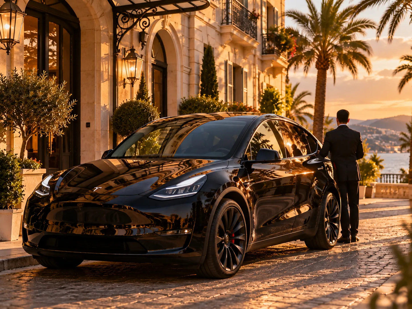 Black electric sedan at a Nice hotel entrance