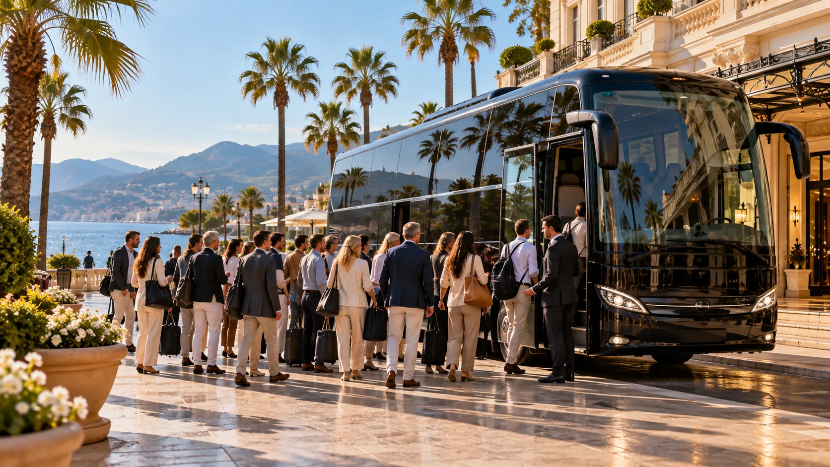 Autocar de tourisme et groupe d'invités avant l'embarquement