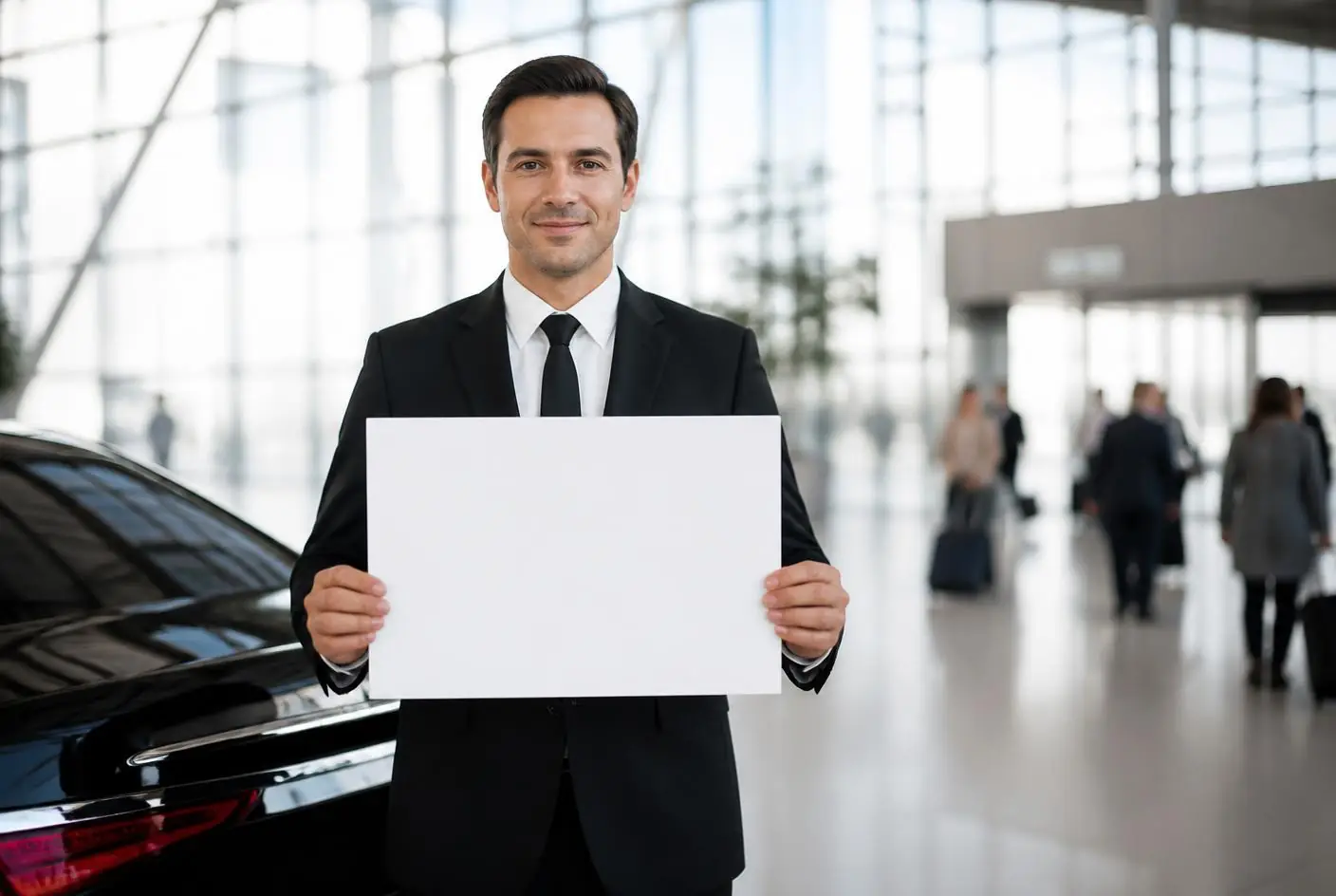 Chauffeur en costume accueillant un client avec une pancarte en salle d'arrivée