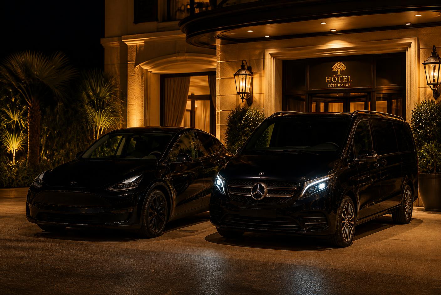 Tesla Model Y noire et Mercedes Classe V noire devant un hôtel de luxe de la Côte d'Azur