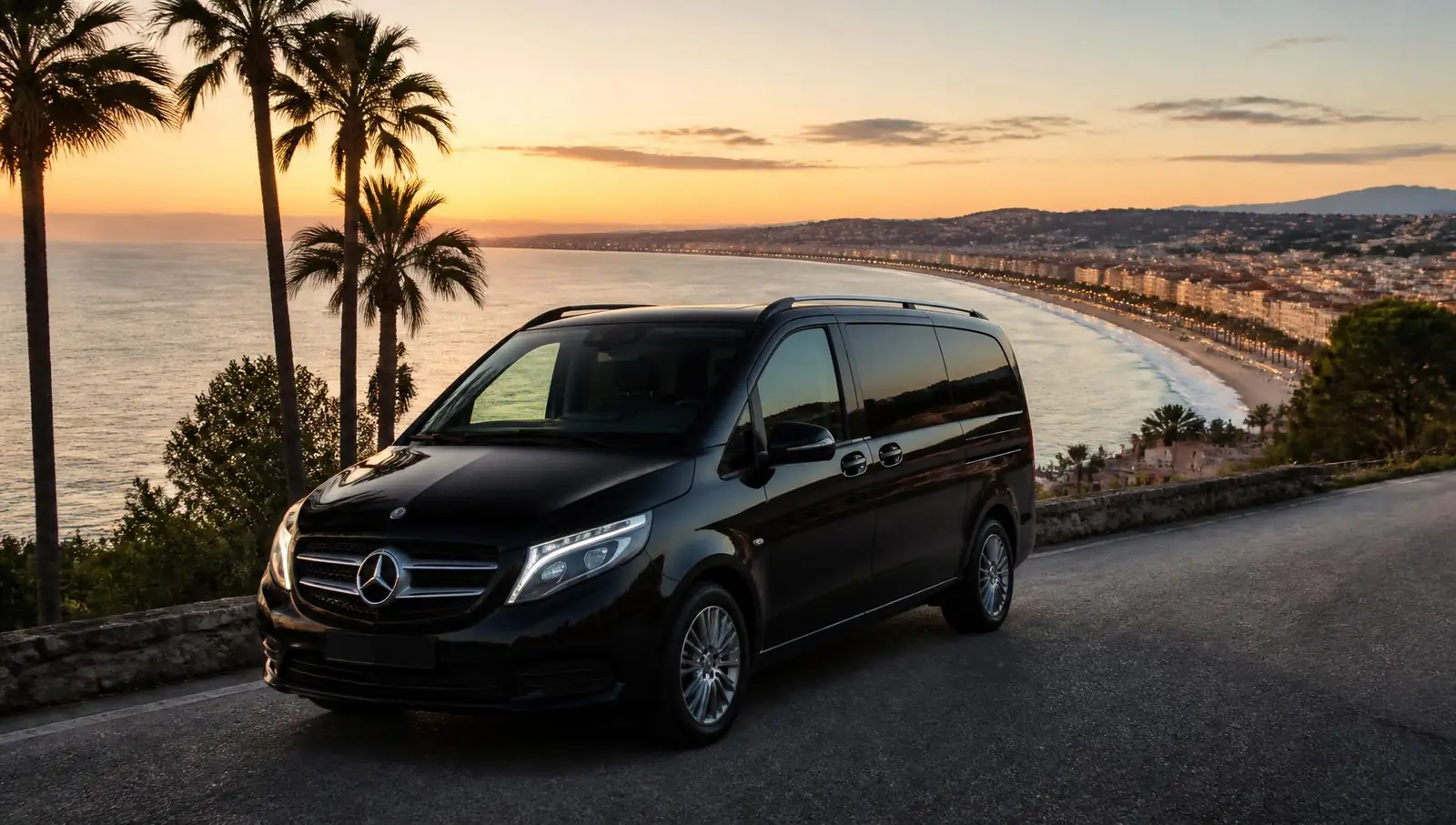 Van noir de chauffeur privé face à la baie de Nice au coucher du soleil